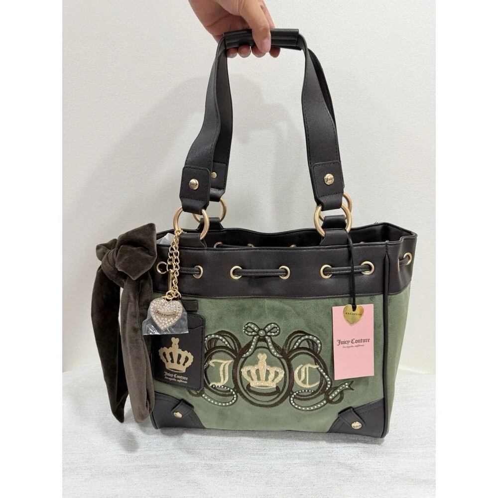 New Juicy Couture Lovers Club Green Brown Daydreamer Tote Shoulder Handbag Charm